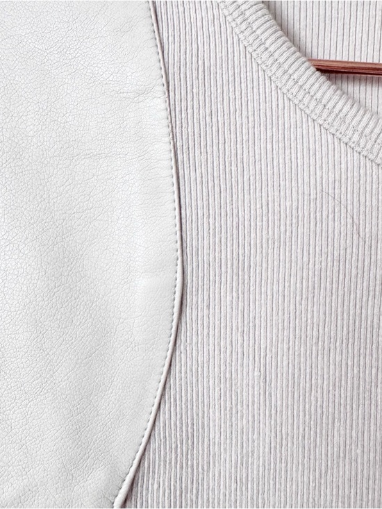 Anthropologie Maeve Beige Long-Sleeve Ribbed Faux Leather Insert Crew Pullover - Picture 7 of 13